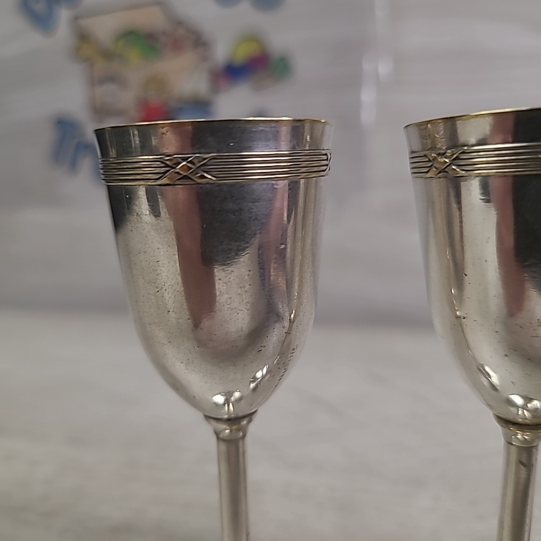 Silver Plated Cordial Goblet Set of 2 / Marked “Minerva” 1 Oz Shot 4.25″