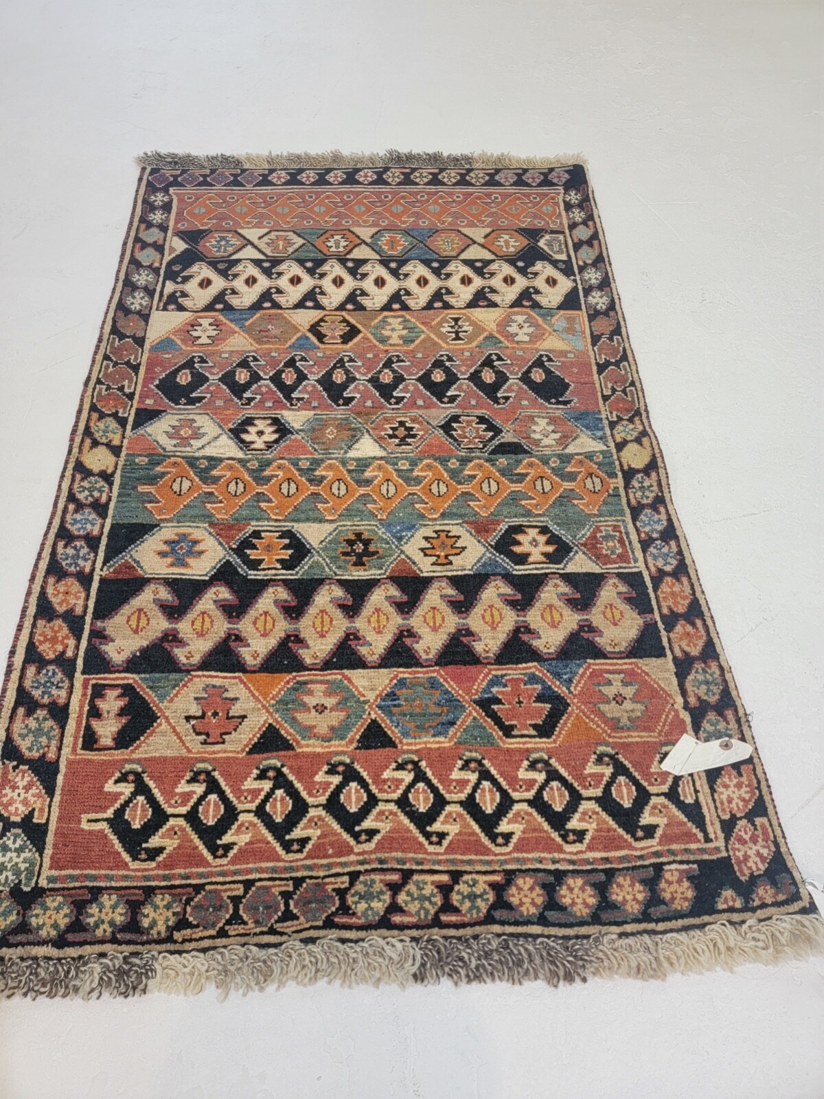 Antique Oriental Hand-Knotted Wool Area Rug Black/Blue/Green/Red 2’11” x 4’6″