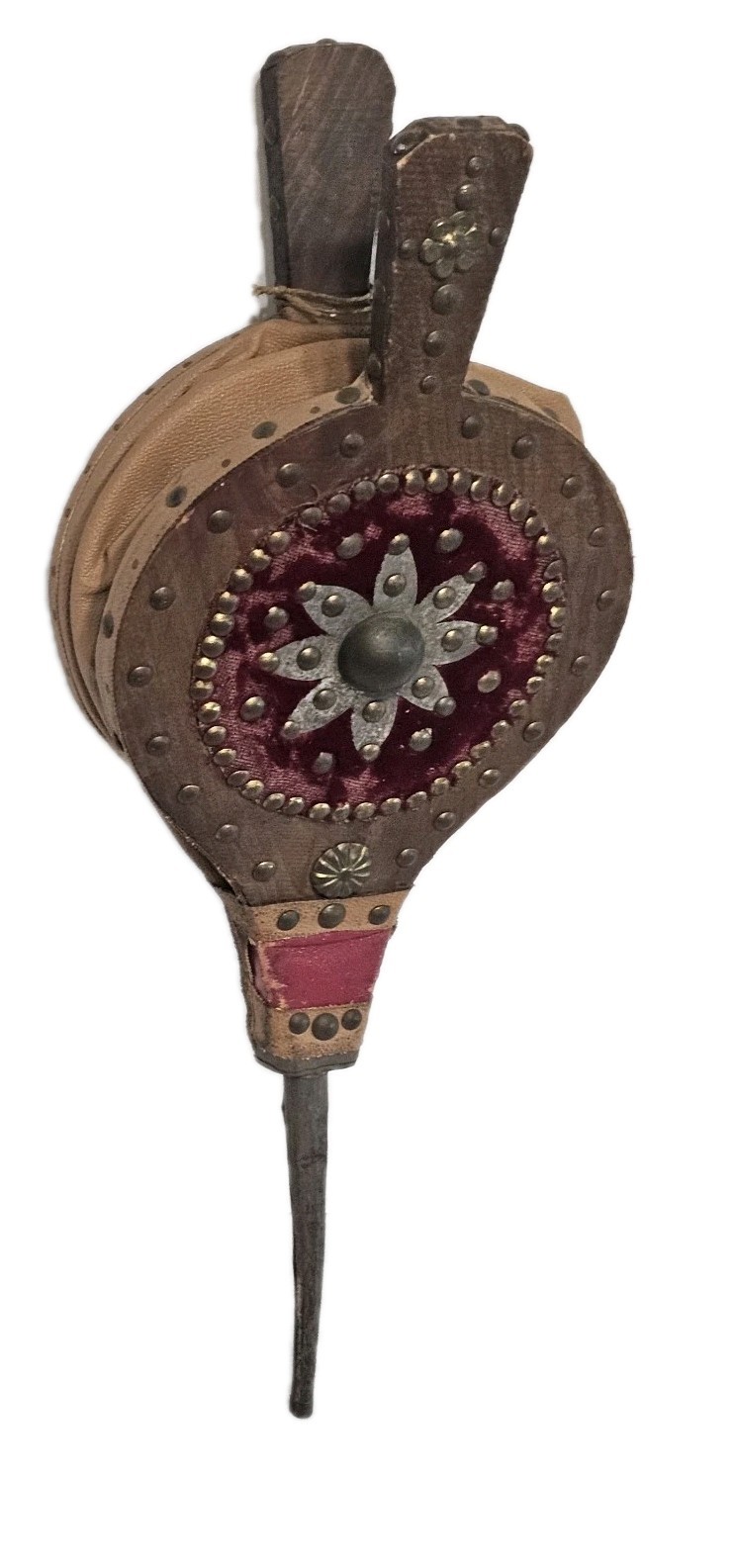 Antique 19th Century Leather Tack Carved Wood Velvet Fireplace BELLOWS Starter