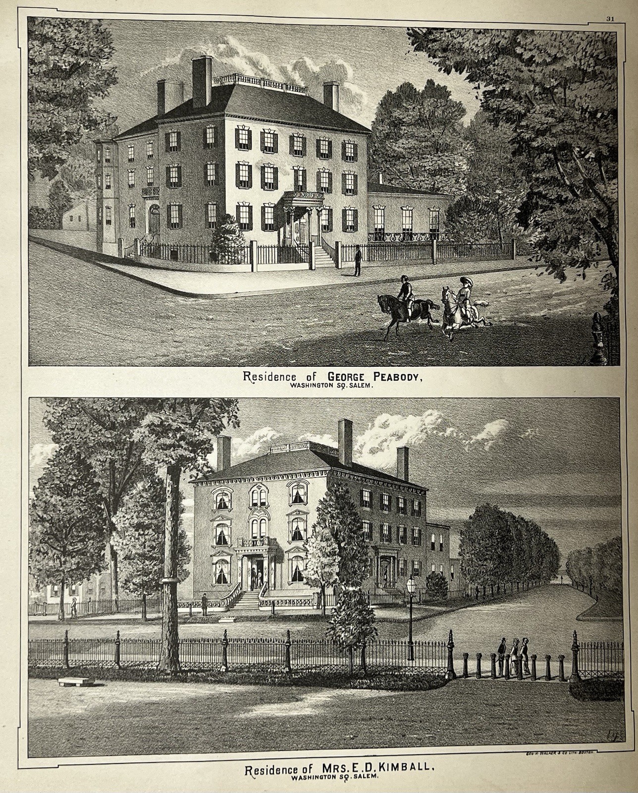 Original 1884 Print Houses On Washington Square Salem,Mass,Peabody,MA,Engraving