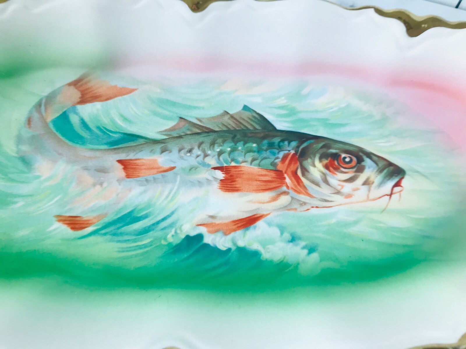 Antique Sterling China Hand Painted Artist Signed Fish Platter w/ Gold Edge