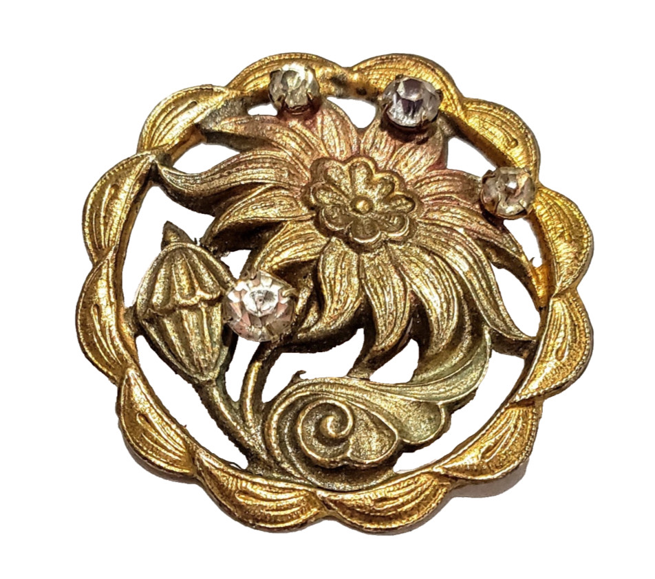 Antique Button Pierced Brass Flower with Prong Set Pastes Rhinestones Victorian