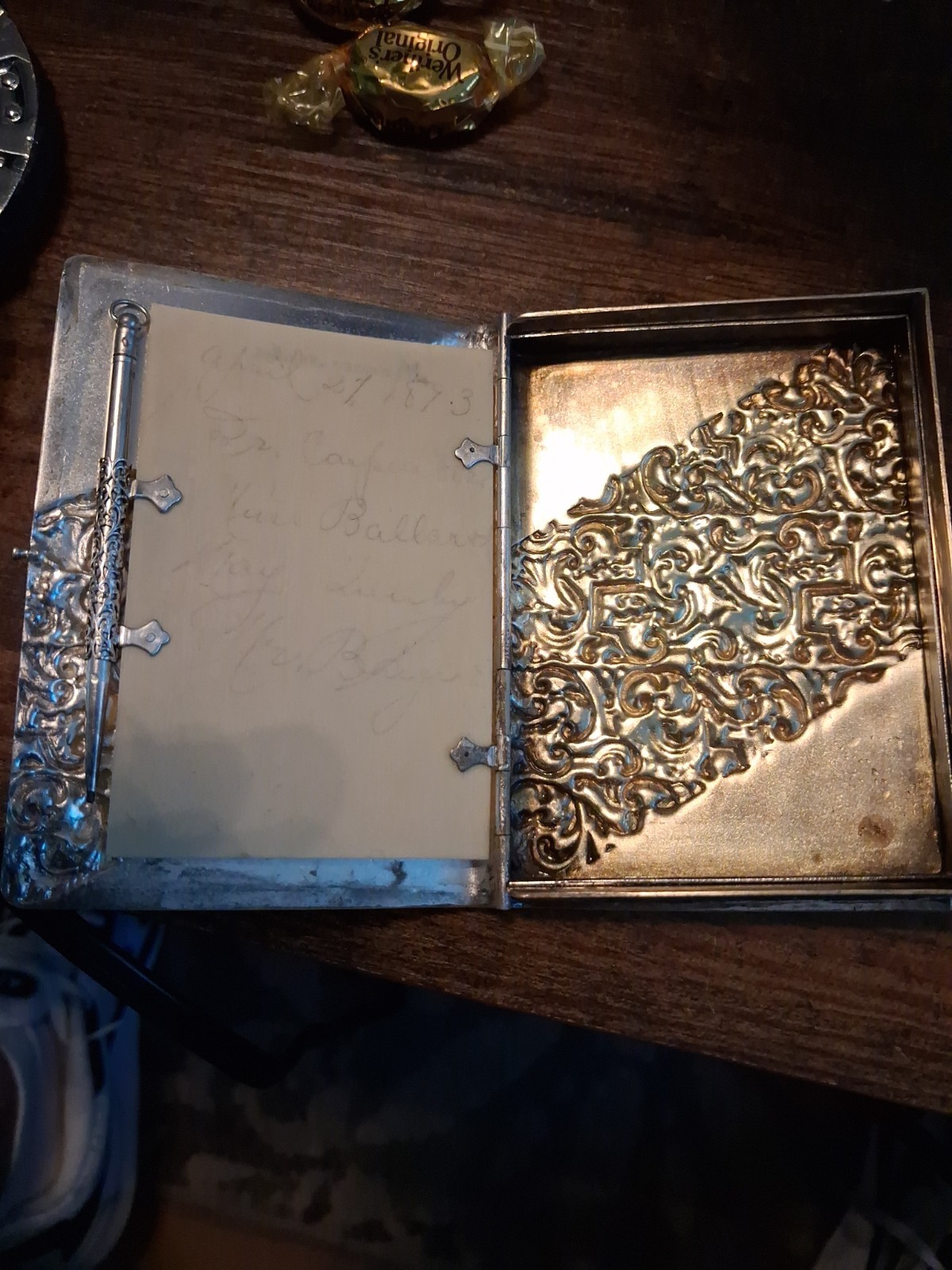 Silver Plate Repousse Card Case / Note Pad. Celluloid Divider, c. 1892