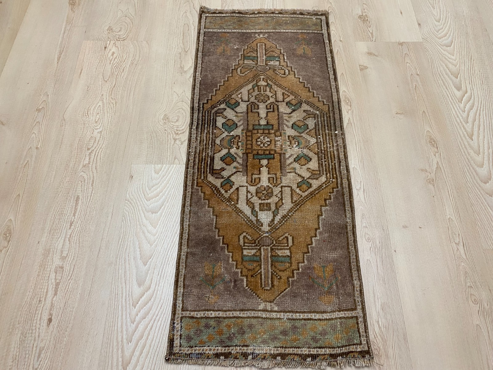Earth Tone Diamond Medallion Carpet Vintage Turkish Small Rug 1.2×3 ft