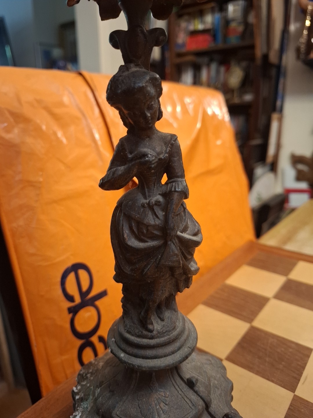 2 Antique Victorian French 271 LSF Spelter 3 Arm Candelabras Male Female Figures