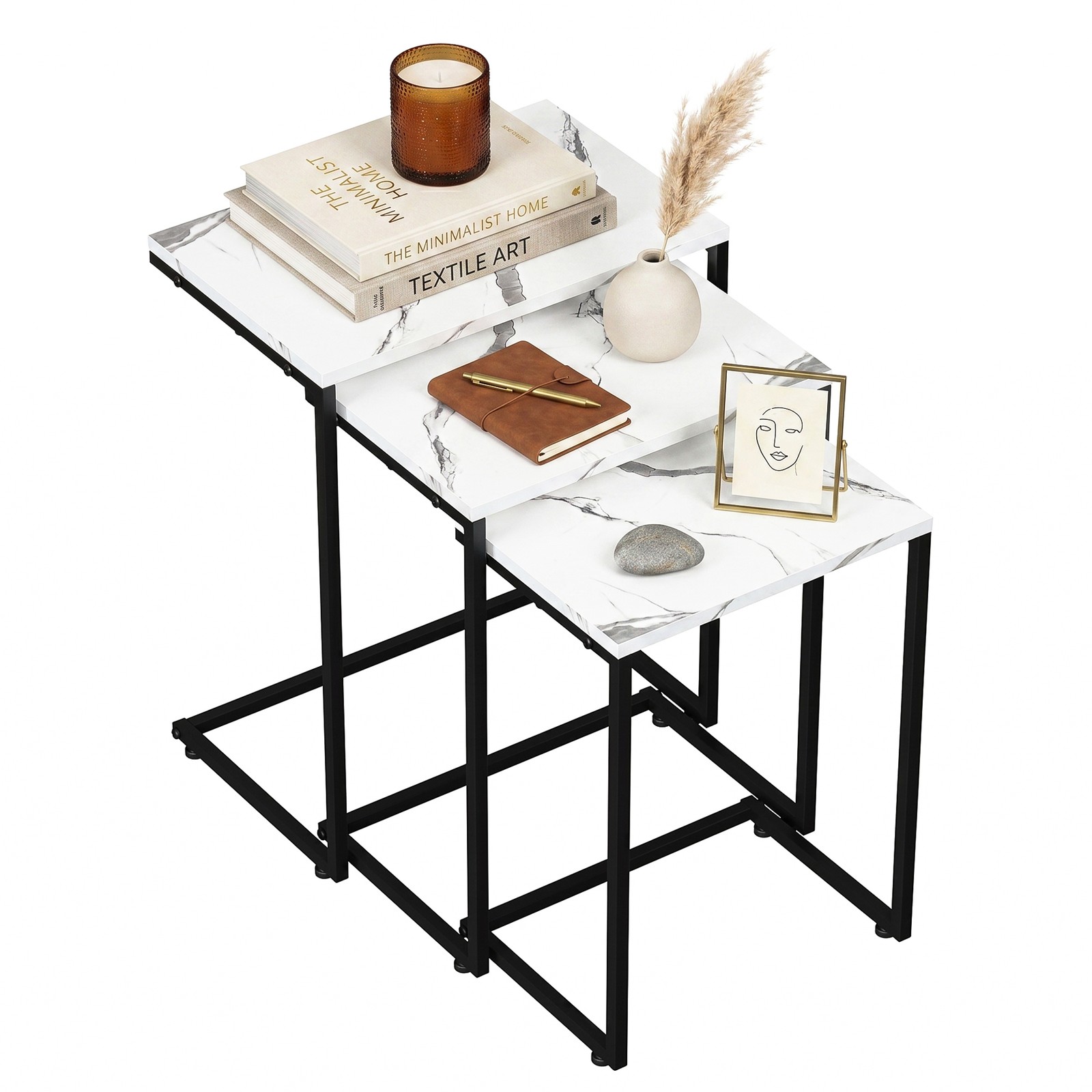 C-Shaped End Table Sofa Side Table Tray Sturdy Wooden Table White Set of 3