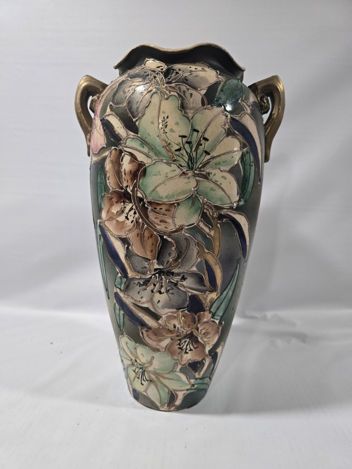 Japanese Nippon Art Nouveau Moriage Style Ceramic Vase Lillies Gold Floral