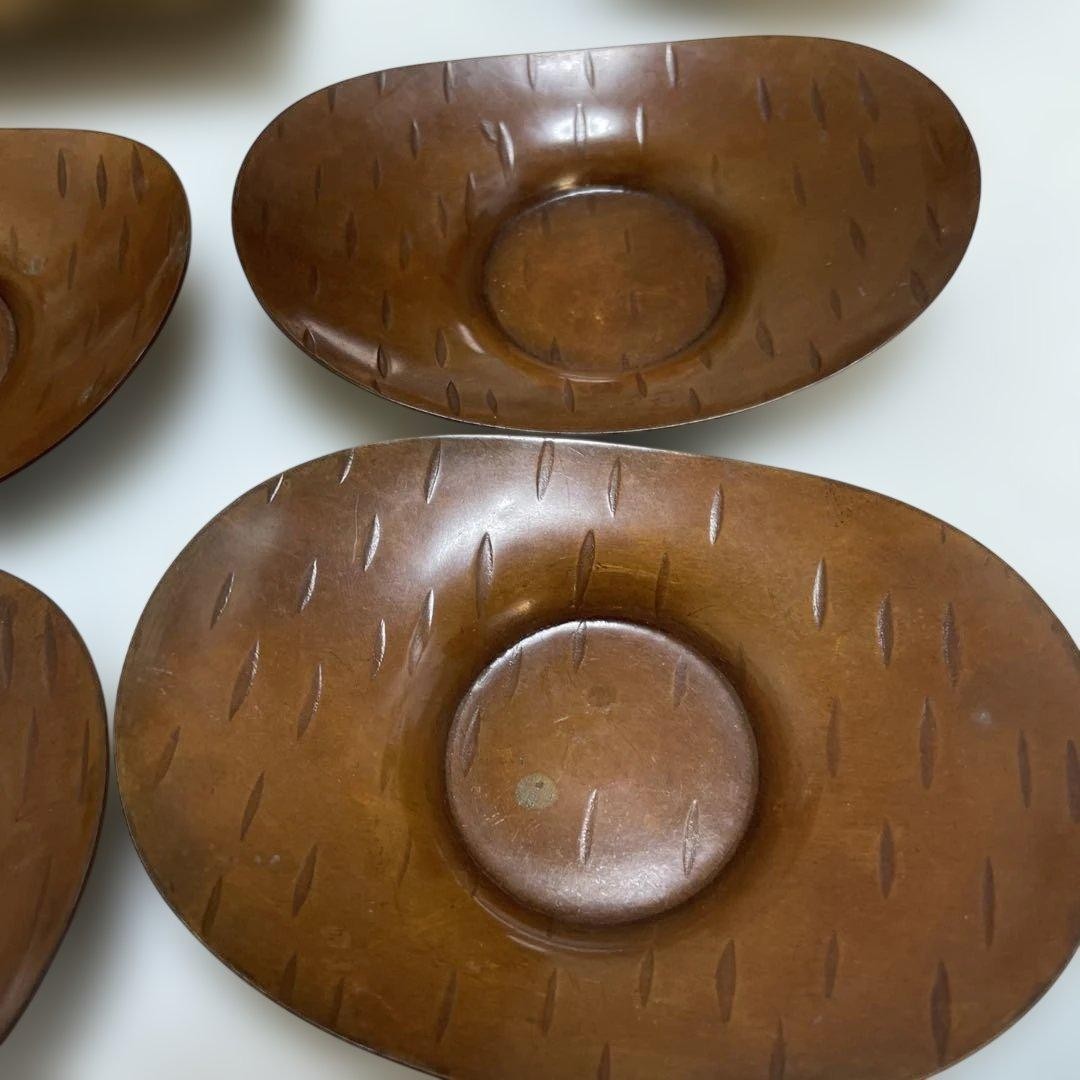 Japanese Copper Hammered Tea Coaster Set 5pc Mitsukoshi Vintage Boat Shape