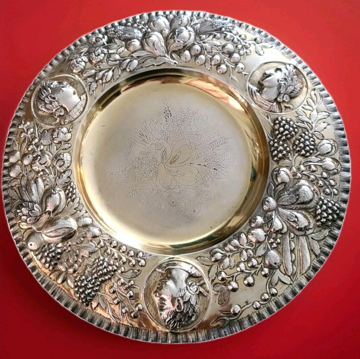 Antique Paul Storr sterling silver charger plate, 3 repoussé profile portraits