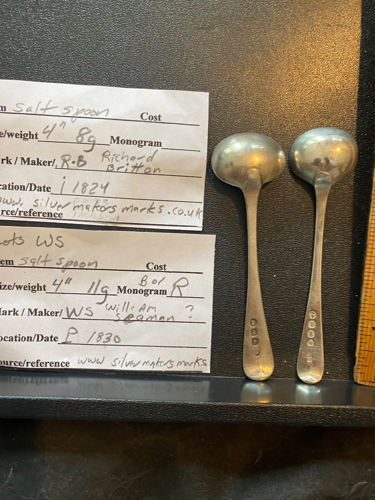 ENGLISH STERLING MASTER SALT SPOONS 4 1/4″ BRITTAN , SEAMAN ERA 1830’S. MORE AV.