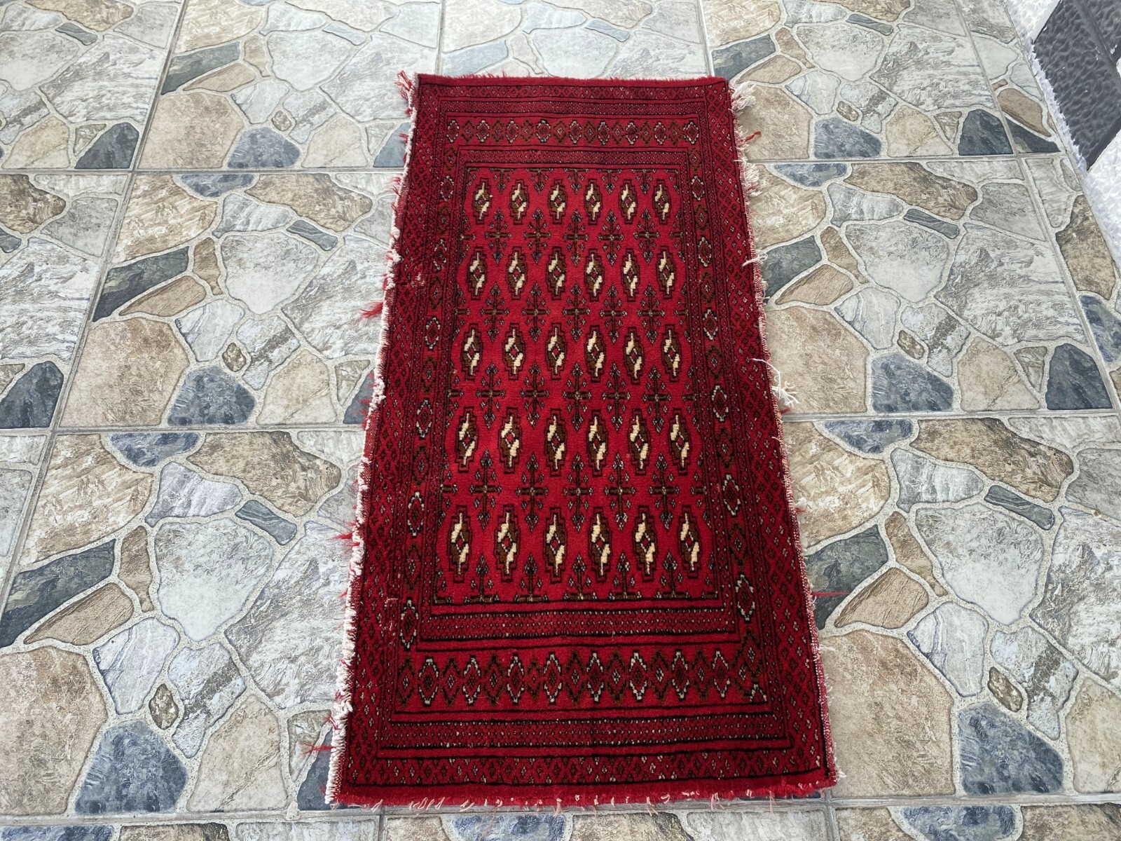 Vintage Afghan Rug – Wool Handmade Bohemian Distressed Farmhouse Small Rug 2×3