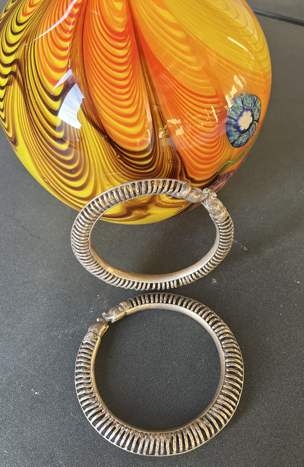 Heavy Antique Hand Made Chinese Elephant Head Ribbed Silver Bangle Sz M L