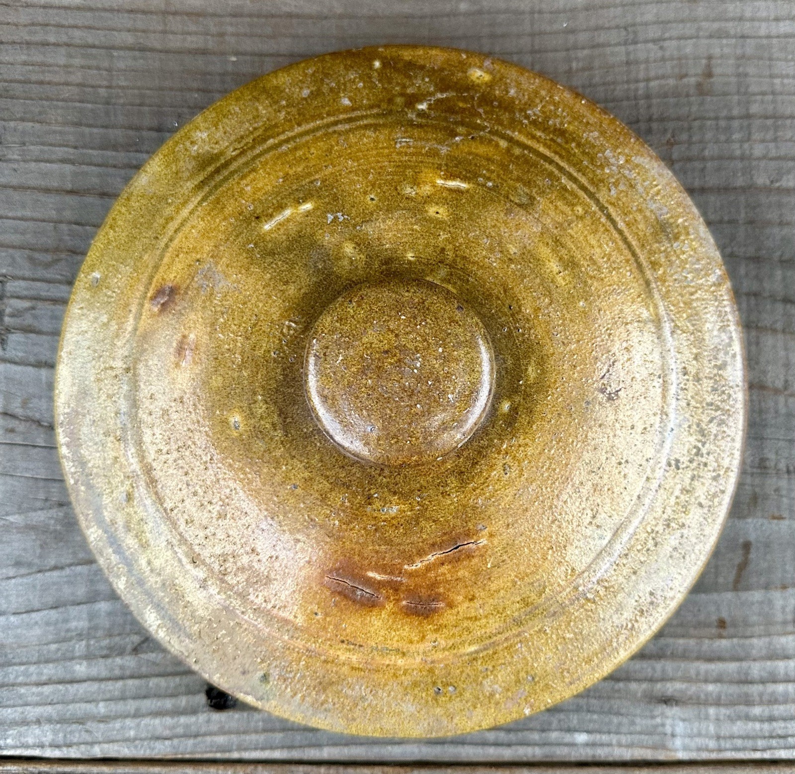 Antique 1800’s Primitive Rustic Brown Green & Tan Stoneware Crock Lid 8”