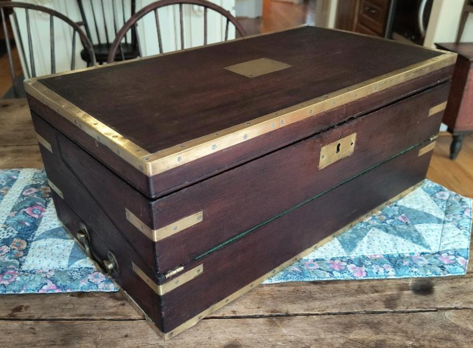 Antique 19th C mahogany campaign lap desk brass bound w dovetailed drawer