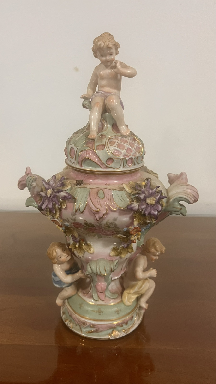 Porcelain Urns German Dresden Circa 1870-1900 Hand Painted Cherub Floral 12”Tall