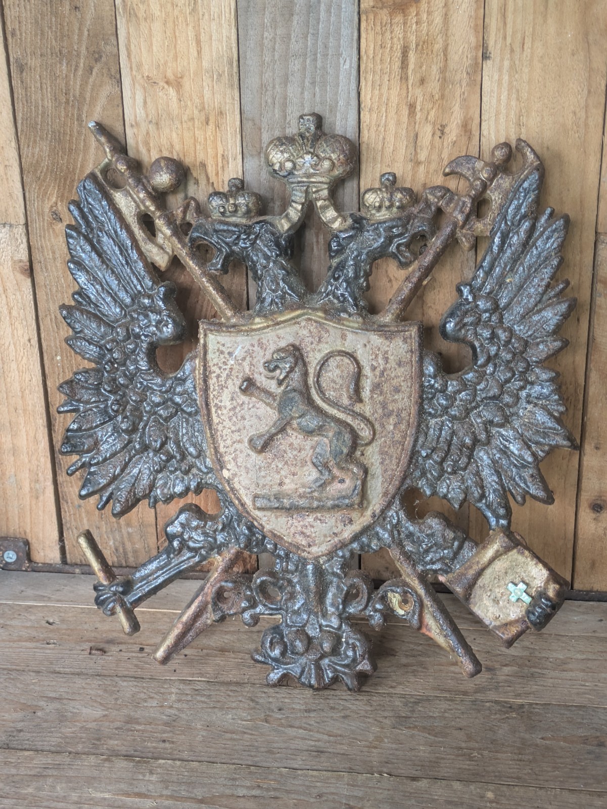 ANTIQUE CAST IRON PLAQUE IMPERIAL RUSSIAN COAT OF ARMS HERALDIC TWO HEAD EAGLE