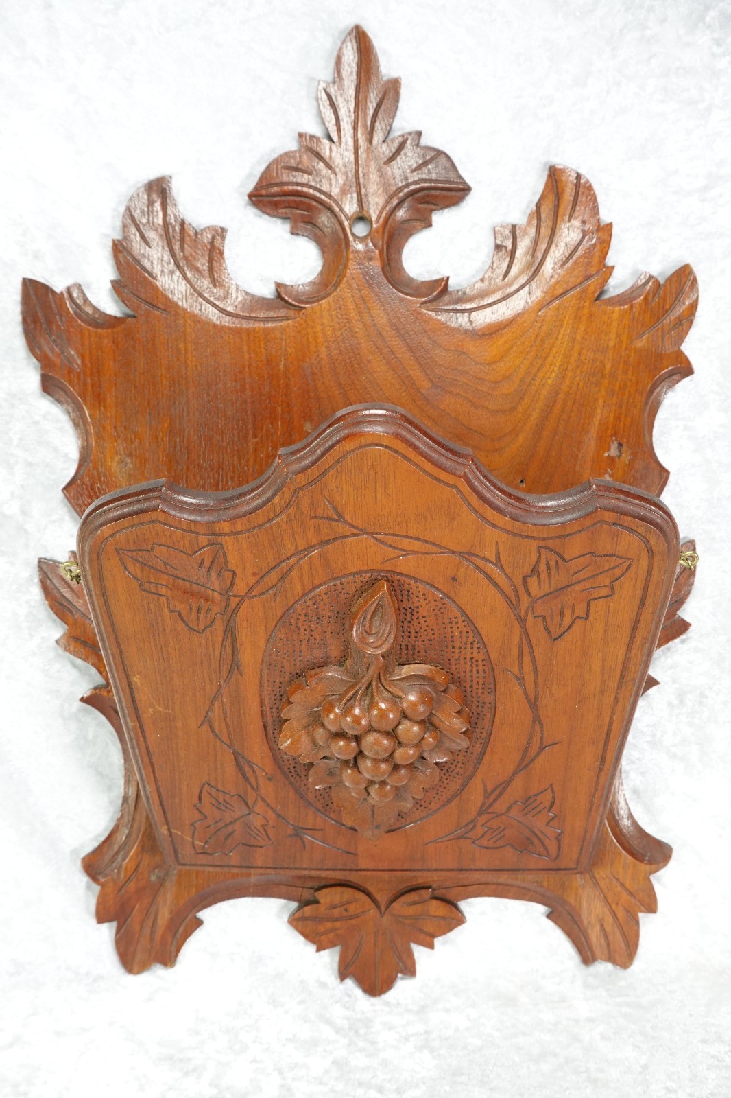 Antique Hand-Carved Walnut Wood Wall Pocket Magazine Rack 19th Century