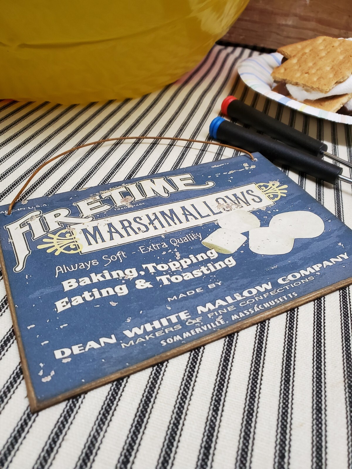 PRIMITIVE ANTIQUE VINTAGE RETRO TIN STYLE FIRETIME MARSHMALLOW WOOD 4 X 6 SIGN