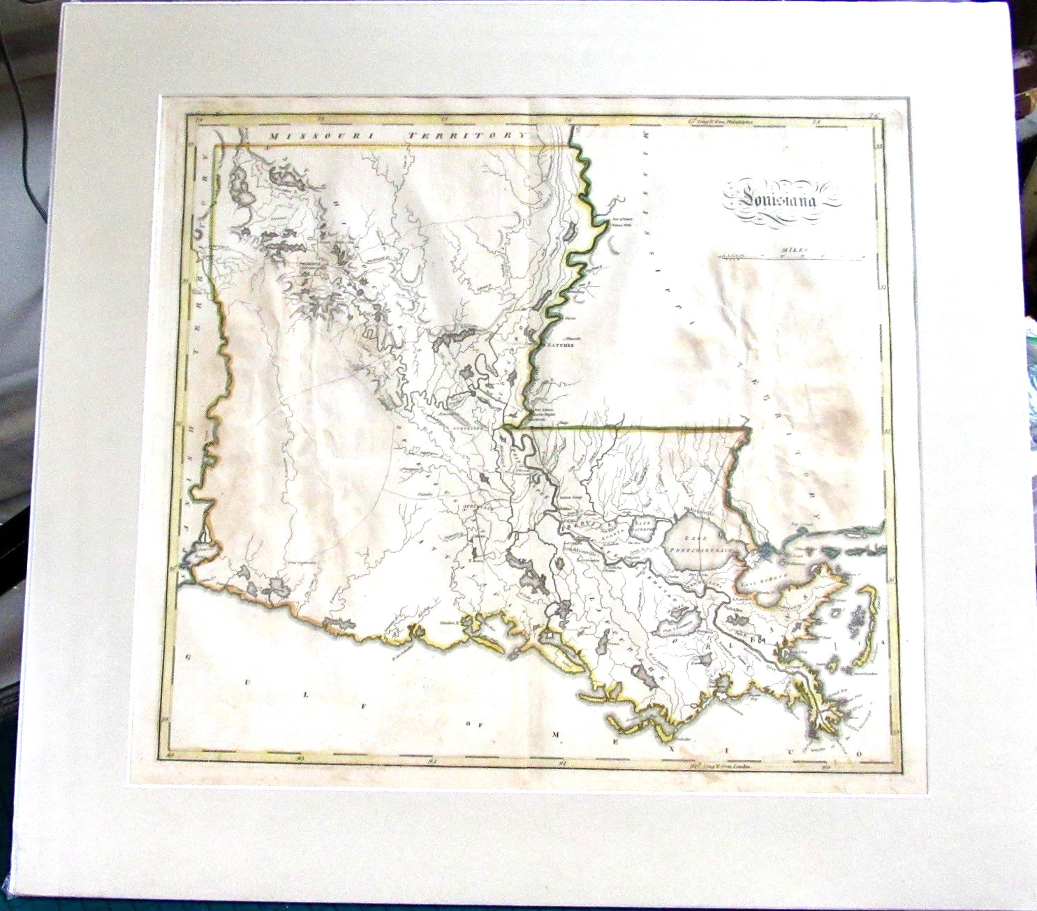 LOUISIANA FROM THE BEST AUTHORITIES S. CAREY 1814 HAND COLORED MAP MATTED