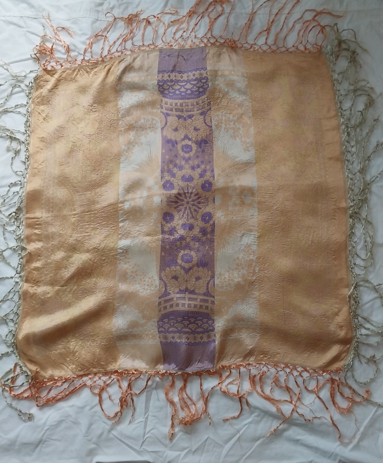 Vintage Silk Brokade Fringed Shawl
