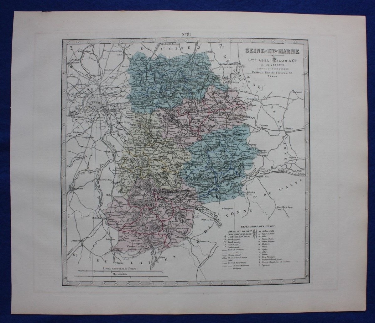 Original antique map SEINE ET MARNE, FRANCE, FONTAINEBLEAU, Le Vasseur, 1878
