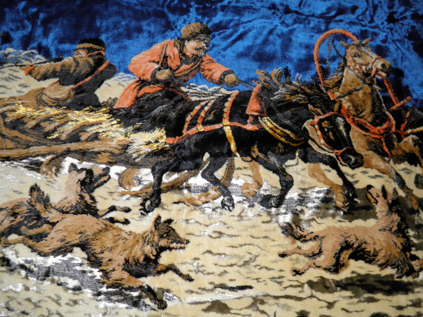 Rus’ Snow Scene Trapper, Wolf Chase, Plush Wool-Silk Velour/Velvet VTG Tapestry