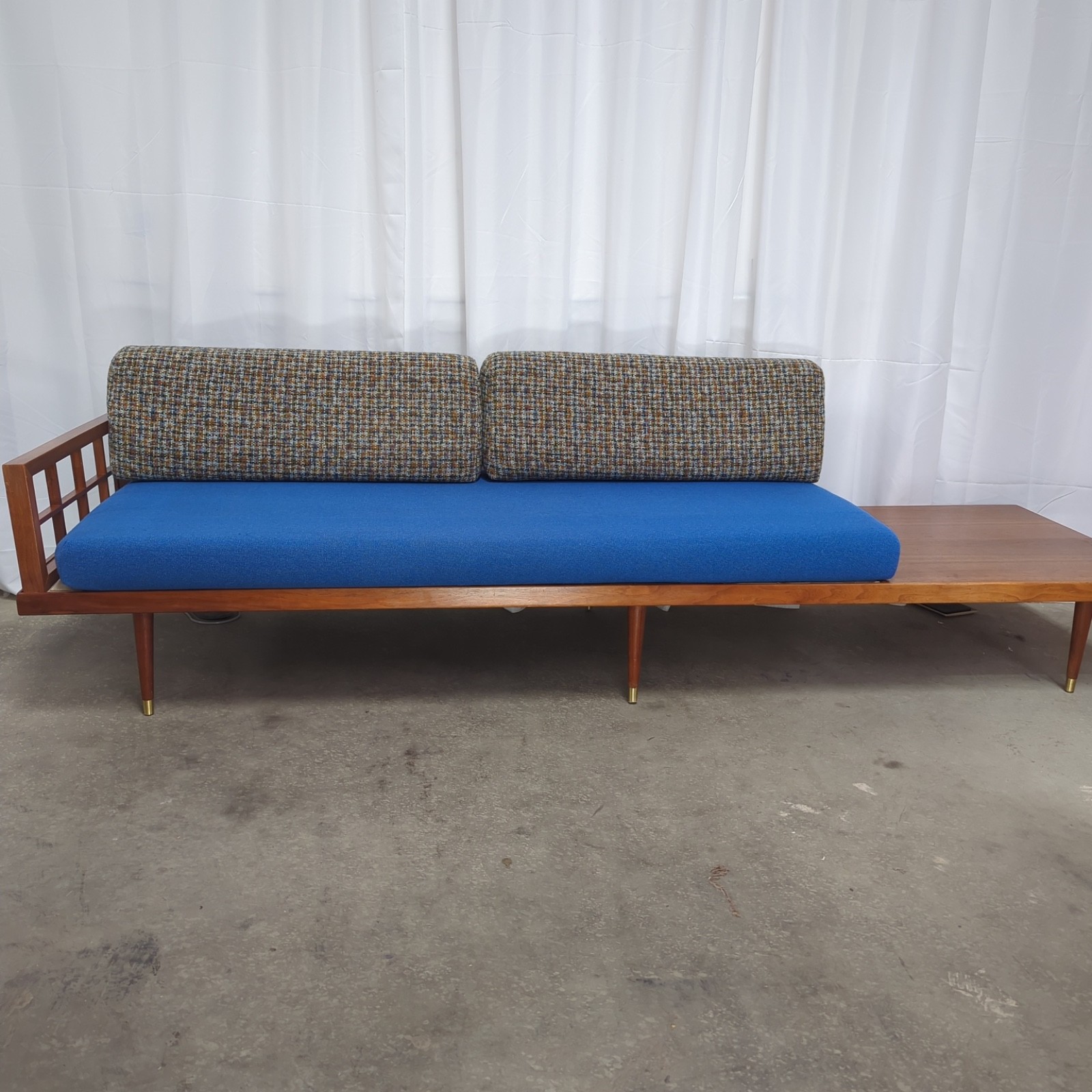 Vintage ScandiModern Teak/Walnut and Tweed Pearsall Style Sofa w/Side Table 105″