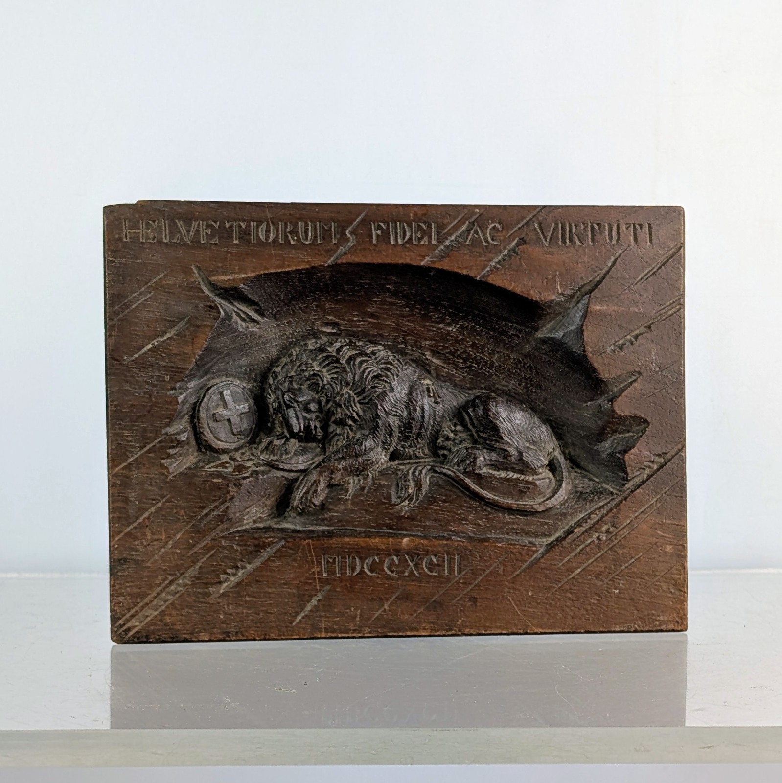 Antique Vintage Hand Carved Wood Panel Lion Lucerne Interlaken Switzerland c1910