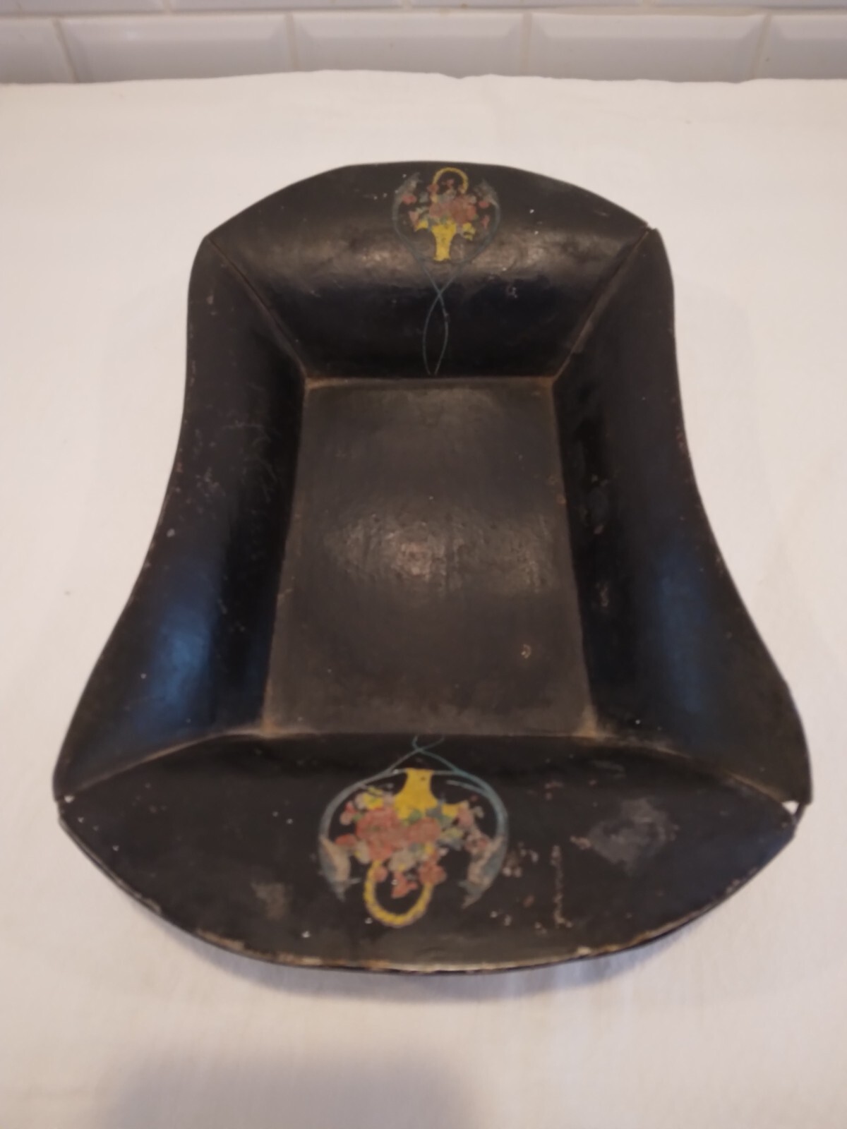 AntiqueVictorian Tole Bread Tray Black With Flowers & 4 glass decorative fruit.