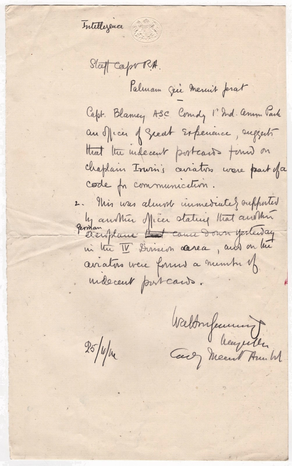 1914 WWI Military Intelligence Report Indecent Postcards Used for Coded Messages