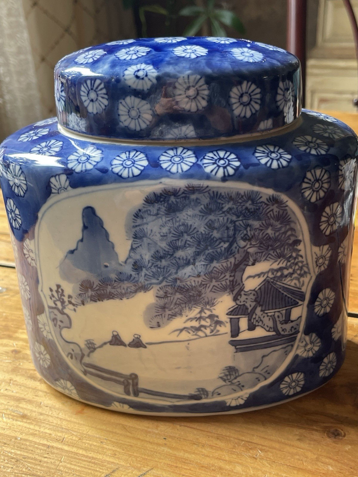 VintageChinese Tea Caddy Pagota Plum Flower Blue and White Figural and Landscape