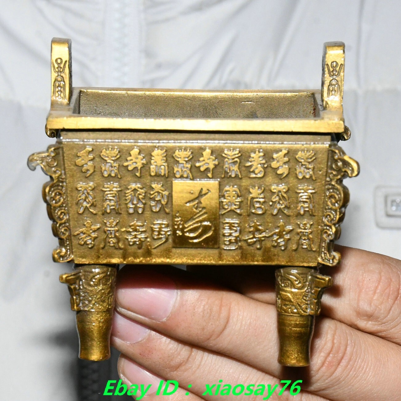 3.1″Old Chinese Dynasty Bronze Gilt Inscription Double Ear 4 Leg Incense Burner