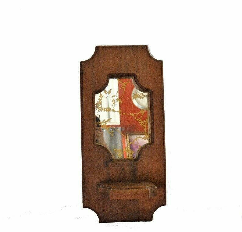 25″x 12″ Vintage Dark wood Carved Framed Bathroom, Hall, Wall Mirror with Shelf
