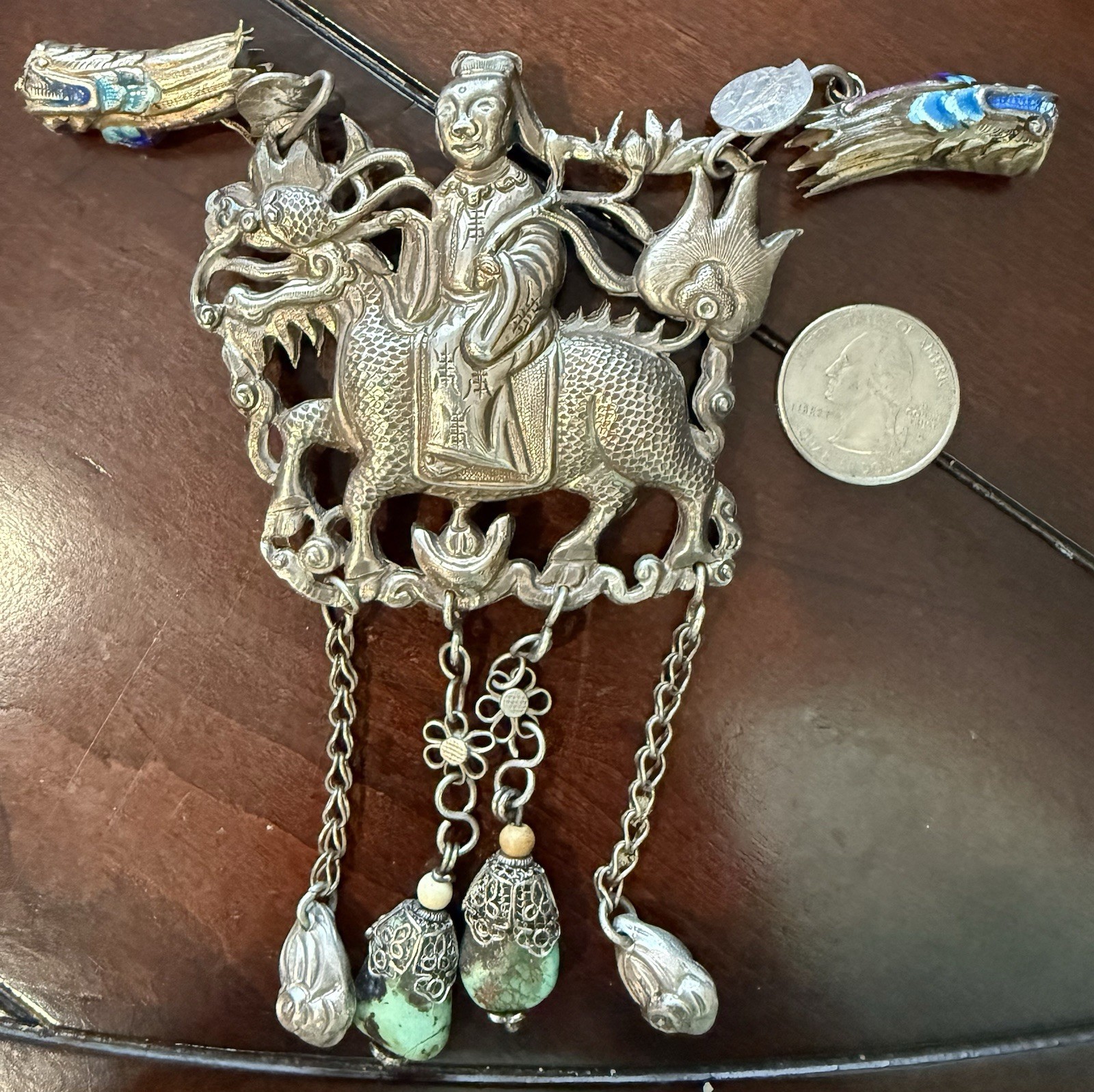 Estate Antique Chinese Sterling Turquoise Enamel Dragon Kylin Pendant Sold As Is