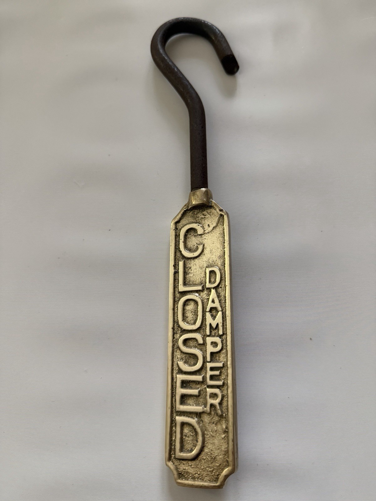 Vtg Solid Brass & Iron Fireplace Damper Open/Closed Hanging Sign Flue Pull Hook