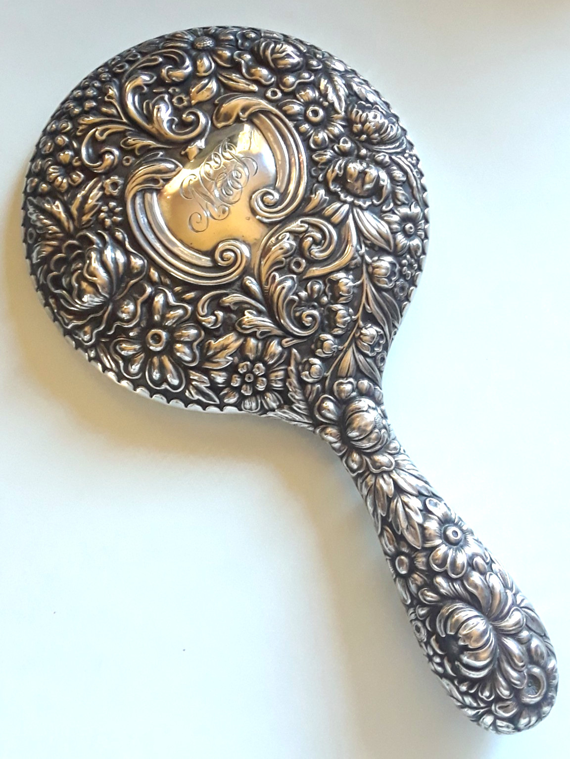GORHAM 1868-84 HVY REPOUSSE FLORAL Rococco STERLING Silver Hand Mirror◇A1 Beauty