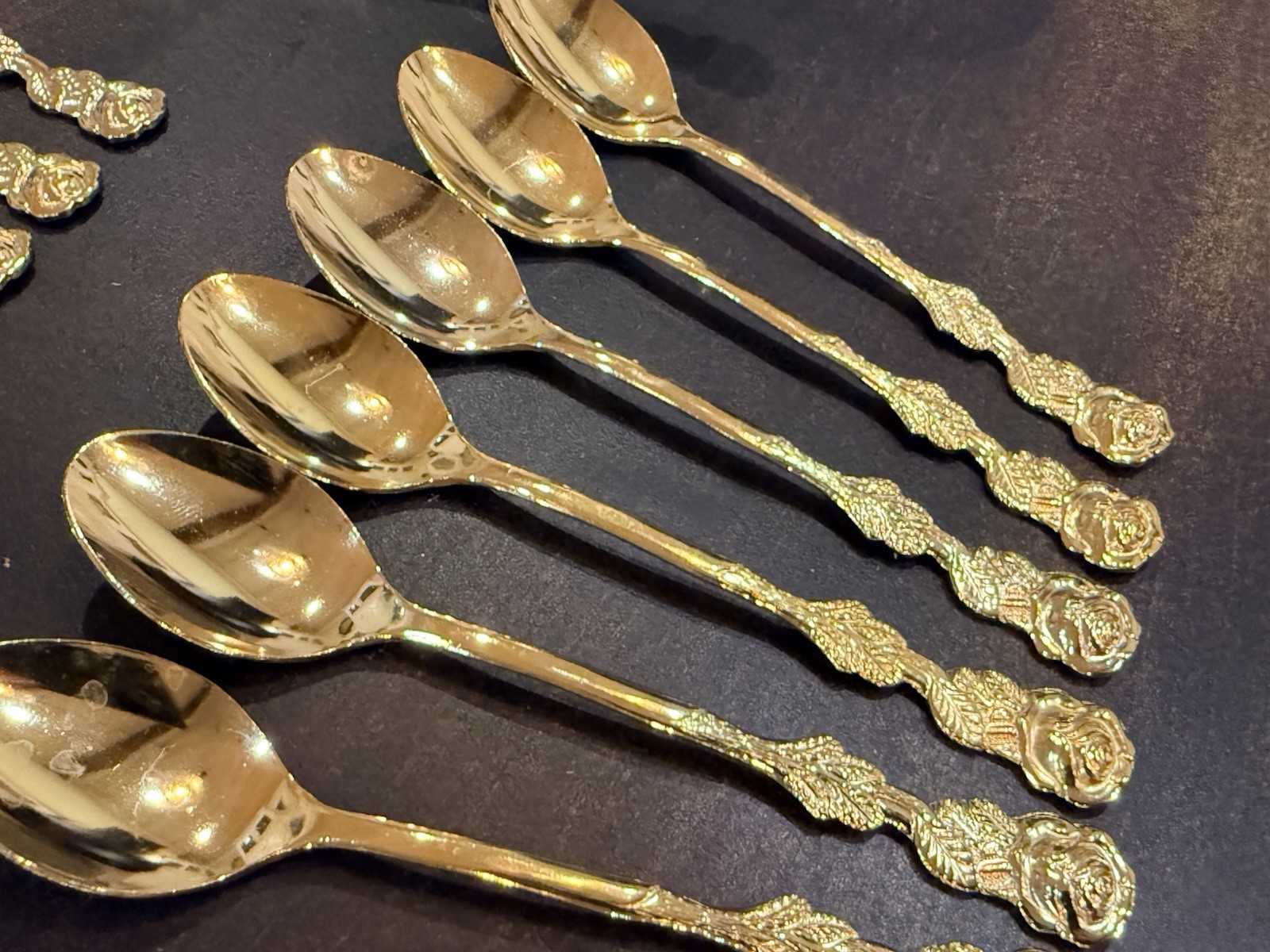 Vintage Rostfrei Rose Pattern Gold Plated Spoons, Forks, Spatula Lot 15 pc