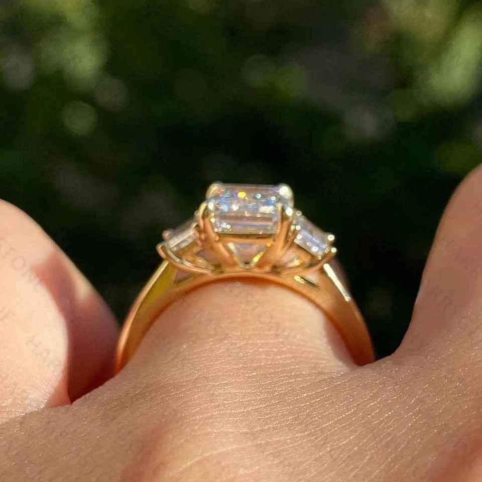 3Ct Emerald Cut Lab Created Diamond Three Stone Ring 14K Yellow Gold Plated