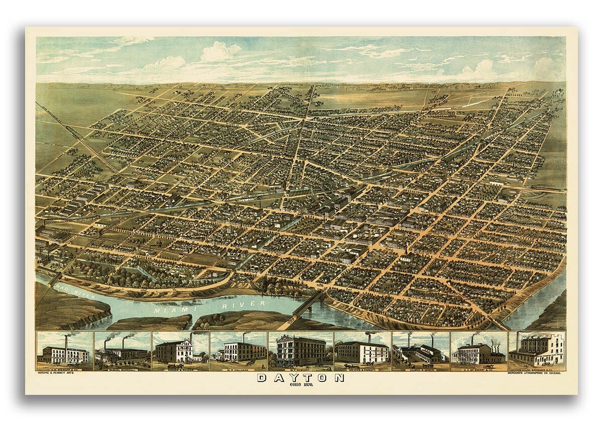 Dayton Ohio 1870 Historic Panoramic Town Map – 24×36