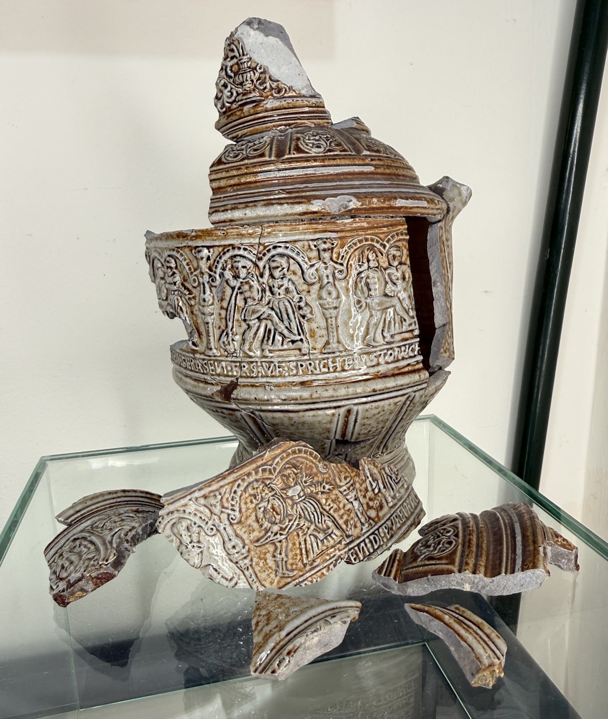 Fragmentary 16th Century Raeren Panel Jug, Peasant Dance – DATED 1597