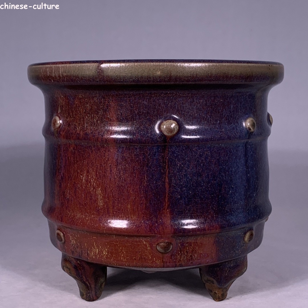 7″ China Song Dynasty Song dynasty jun kiln Drum nail Three legged stove