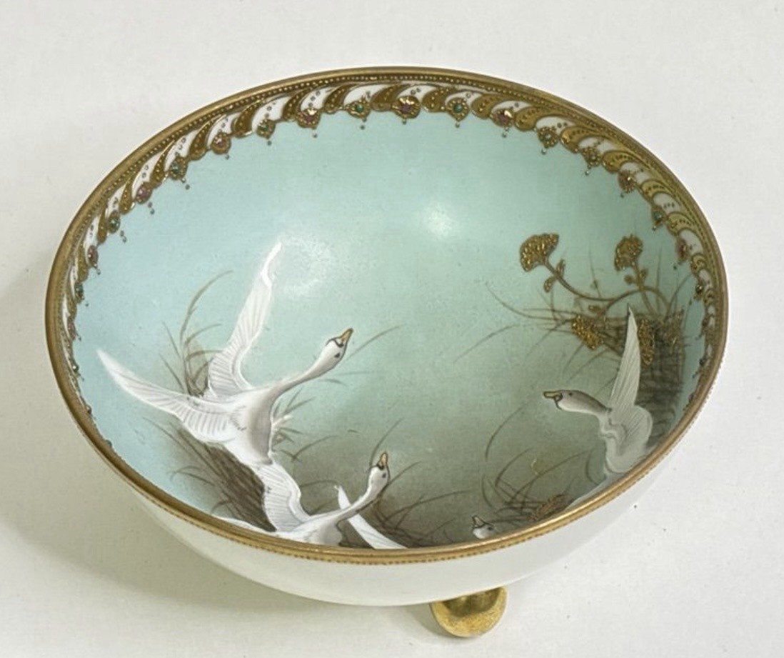 Antique Nippon Hand Painted Swan Bowl Jeweled Gold Enamel Footed Porcelain Art