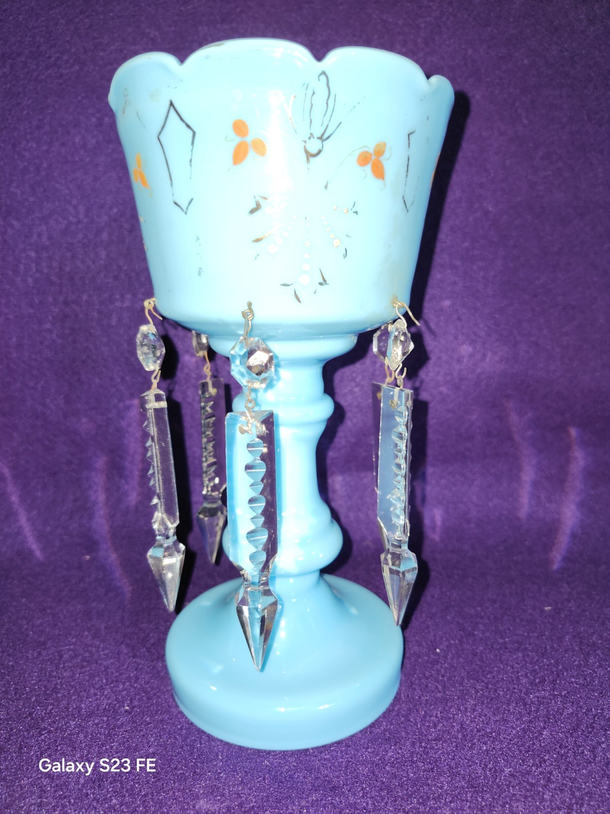 Antique Victorian Blue Opaline Hand Painted Glass Mantle Luster 9″ tall