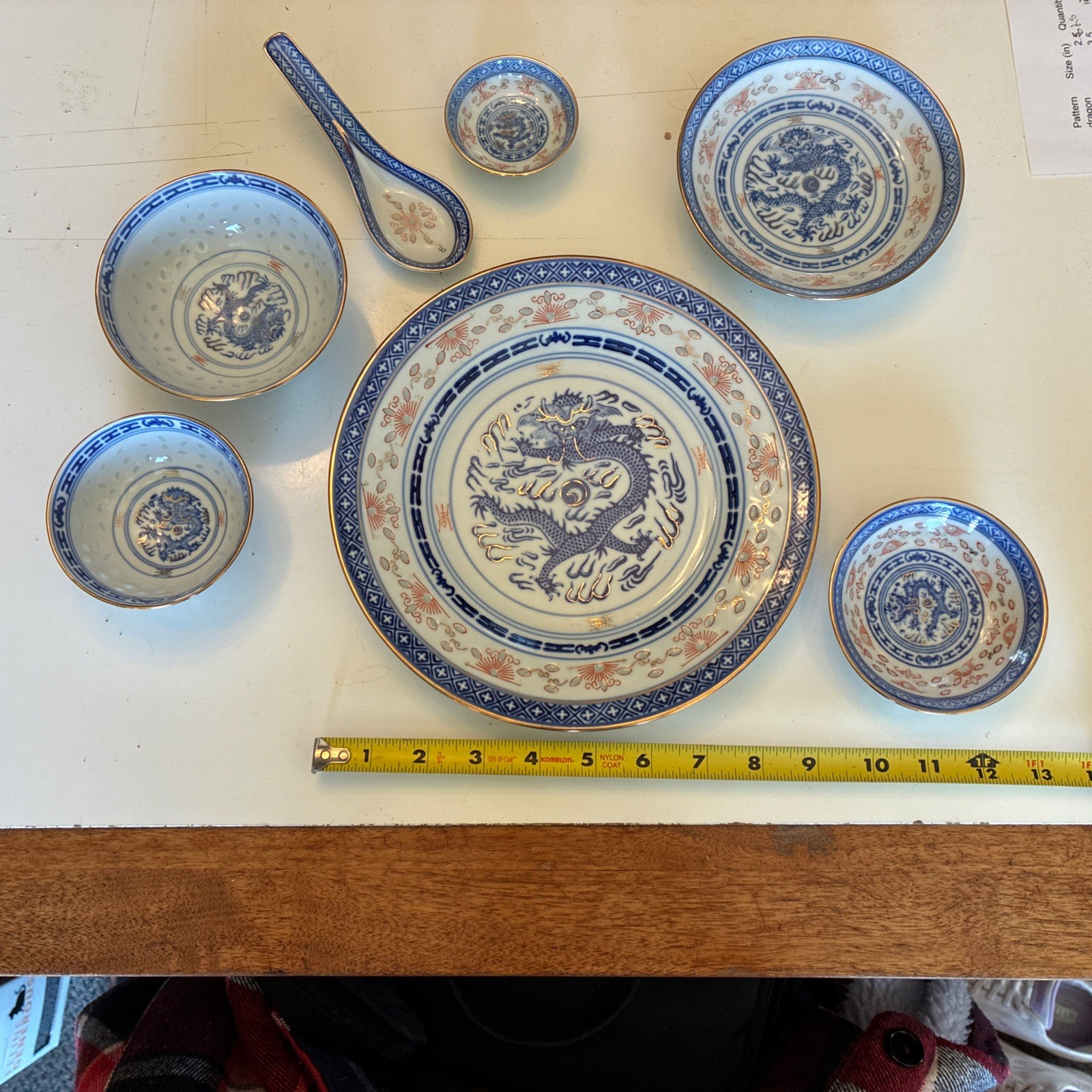 Chinese Jingdezhen 7 piece Dragon Place Setting Blue White Red Green w/Gold Trim