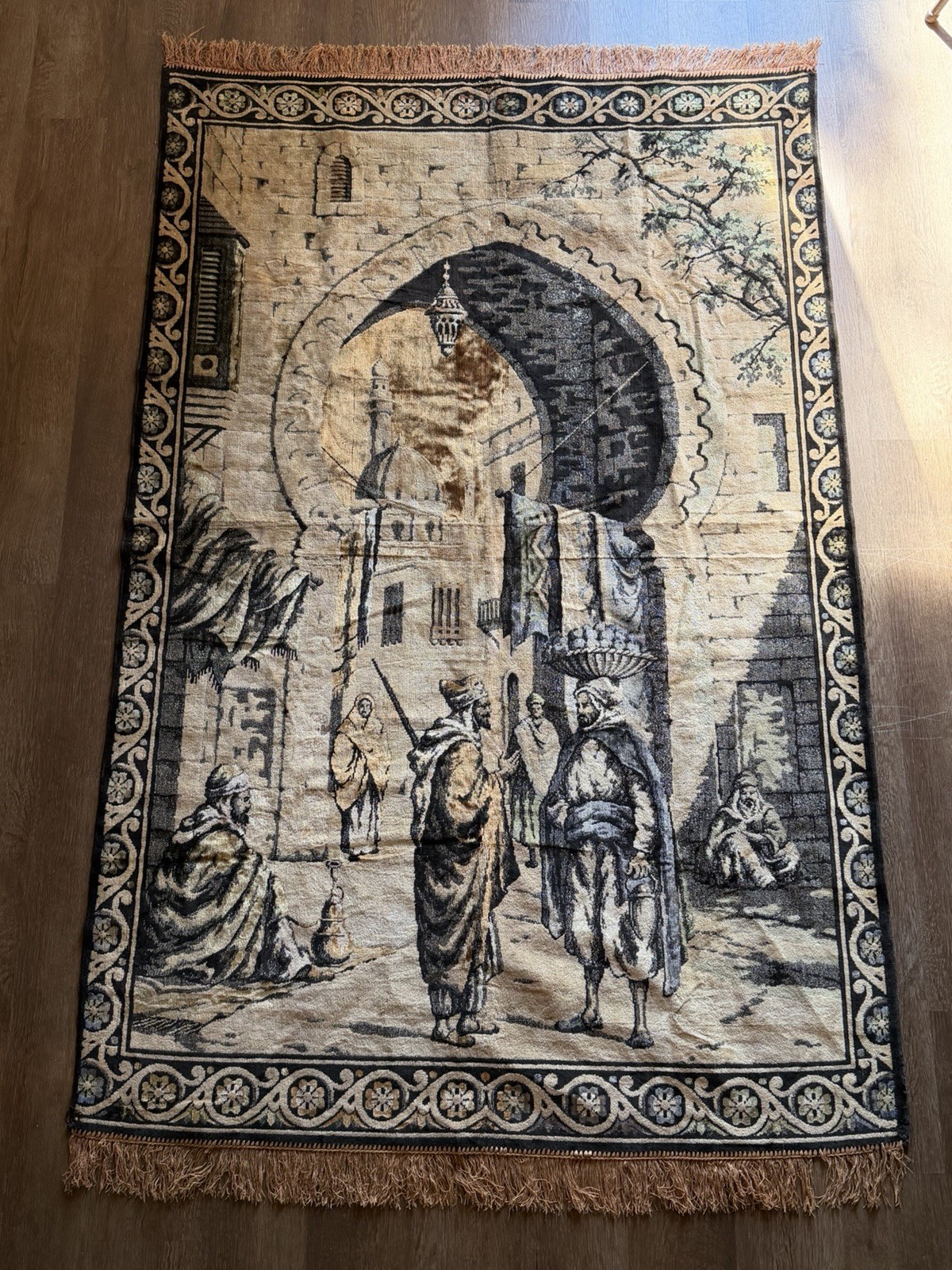 Vintage Middle Eastern Street Scene Silk Tapestry Wall Art Decor 78” x 47.5”