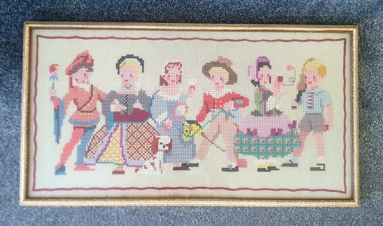 Vintage Professionally Framed Tapestry 26.5″ x 11.5″ Children in Period Costumes