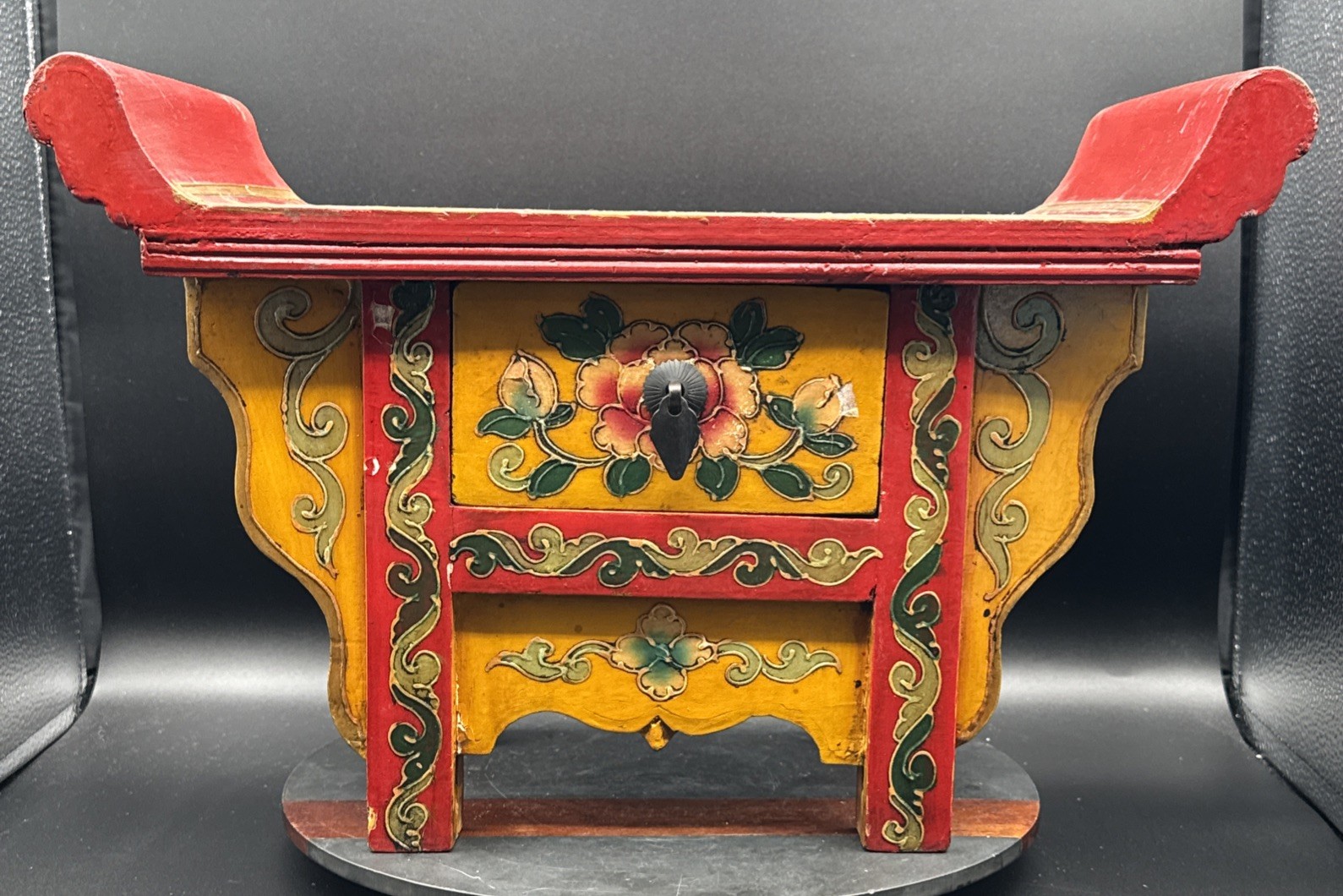 Antique Buddhist Red & Yellow Painted Wood Table Alter w/ Drawer Stool Asian