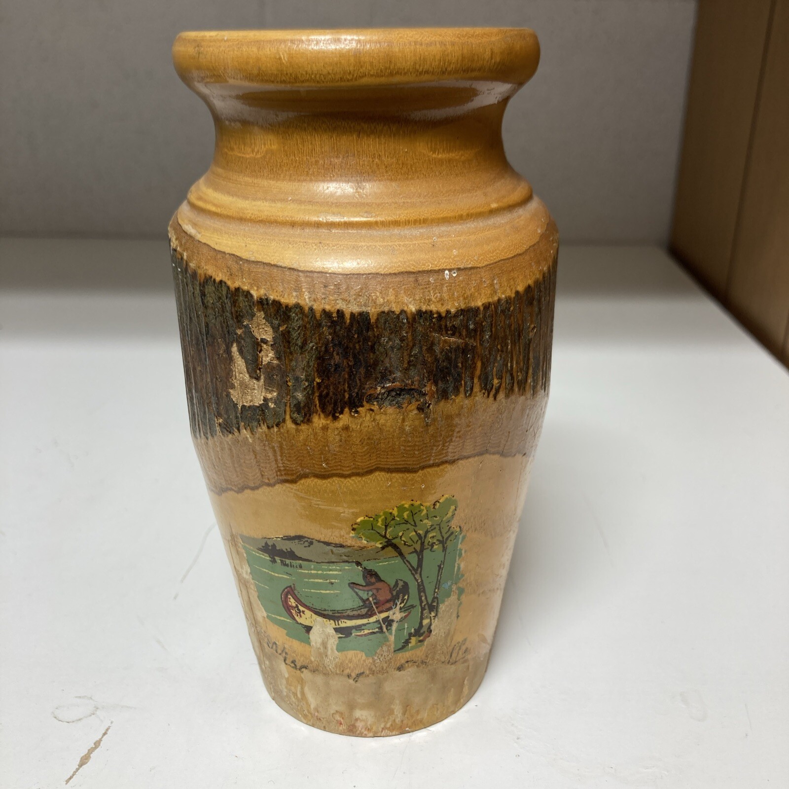 VTG Antique Adirondack Turned Wooden Souvenir Vase Wisconsin Dells WI Canoe 6.5”