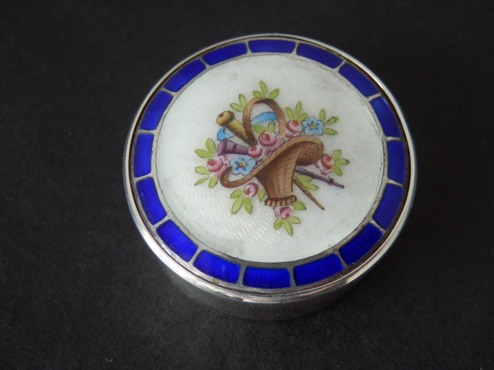 Antique Art Nouveau Solid Silver Guilloche Enamel Pill Box 1908 Levi & Salaman