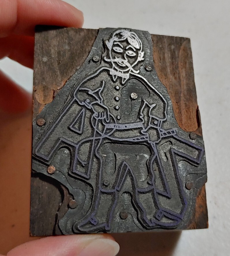 Vintage Letterpress Printing Block Man with Whip Handle Bar Mustache Z A